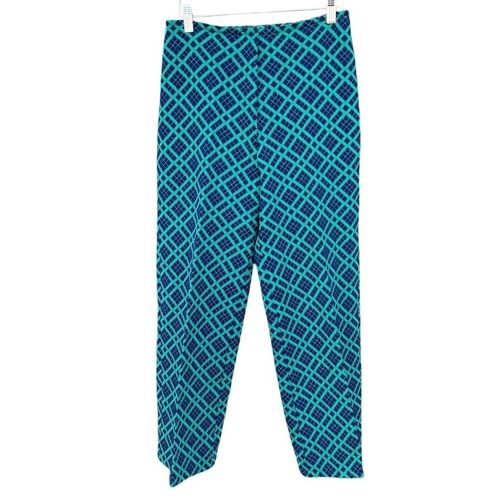 VTG Polyester Knit Wide Leg Bermuda Trousers Blue Green Geometric Plaid Med GUC